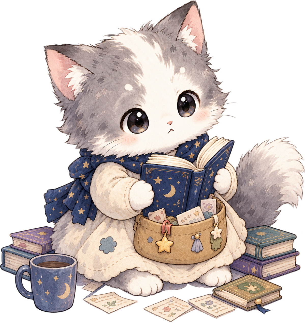 本を読みながらカードを整理する、ふわむぽけと